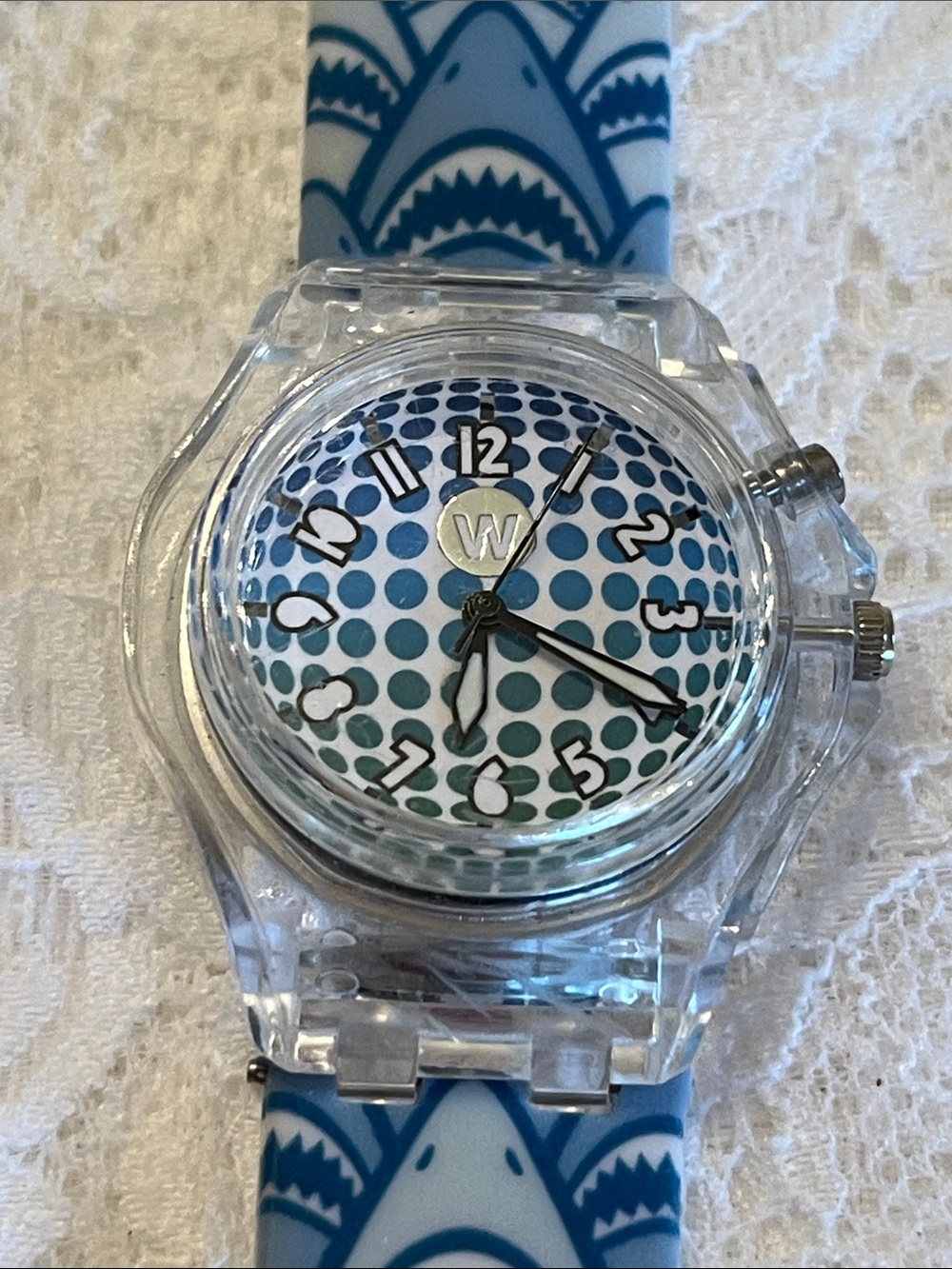 GLO Clear Case Watch with White and blue shark Strap and Silver Back